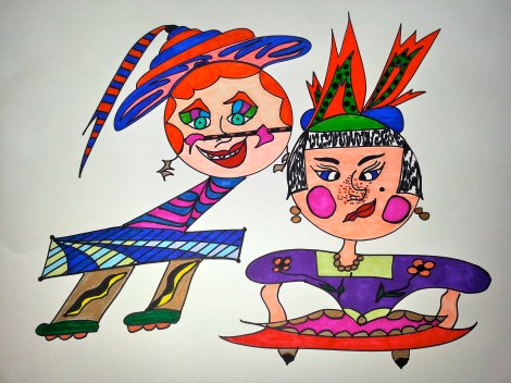 Loving Sisters 18" x 24" Mixed Media, Watercolor & Tempra